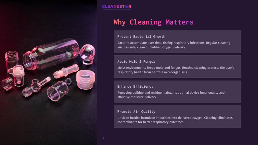 A Collection Of Clean, Empty Glass Bottles And Vials Of Various Sizes And Shapes, With Some Caps, Are Arranged On A Dark, Textured Surface. The Text &Quot;Cleanestor&Quot; And &Quot;Why Cleaning Matters&Quot; Is Visible.