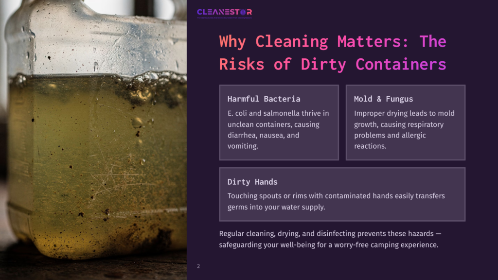 2 Why Cleaning Matters The Risks Of Dirty Containers A Close-Up Of A Dirty, Opaque Plastic Jug Filled With Murky, Yellowish Water And Sediment. The Jug Is Slightly Tilted, Showing The Grim Contents. Text On The Right Side Of The Image Reads &Quot;Why Cleaning Matters: The Risks Of Dirty Containers.