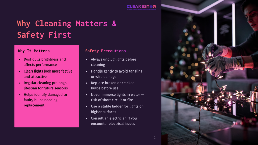 A Man Wearing Gloves Carefully Untangles A String Of White Christmas Lights, With A Decorated Christmas Tree And A Coffee Table In The Background. The Text &Quot;Cleanestor&Quot; Is Visible At The Top.