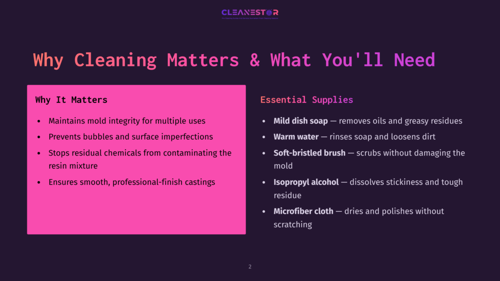 Slide Titled &Quot;Why Cleaning Matters &Amp; What You'Ll Need&Quot; With Sections On &Quot;Why It Matters&Quot; And &Quot;Essential Supplies&Quot;.