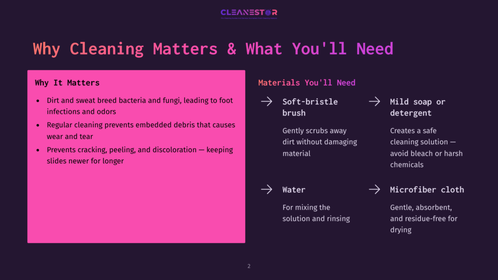 An Infographic On Cleaning Matters And What You Need, Featuring A Pink And Purple Background With White Text. It Lists Why Cleaning Matters, Mentioning Dirt, Sweat, Bacteria, Fungi, Infections, Odors, Wear, Tear, Cracking, Peeling, And Discoloration. It Then Lists Materials Needed: Soft-Bristle Brush, Mild Soap Or Detergent, Water, And Microfiber Cloth.