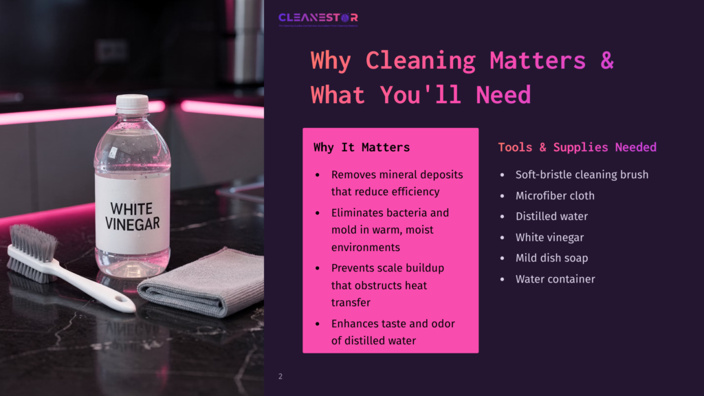 2 Why Cleaning Matters And What Youll Need 3 A Bottle Of White Vinegar Sits On A Dark Marble Countertop Next To A Cleaning Brush And A Grey Microfiber Cloth. The Bottle Has A White Label With &Quot;White Vinegar&Quot; Printed In Black Text. The Background Is Dark And Out Of Focus.