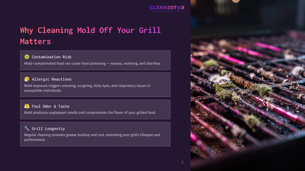 Close-Up Of A Dirty Grill Grate With Green Mold And Black Grease Buildup, Highlighting The Need For Grill Cleaning.