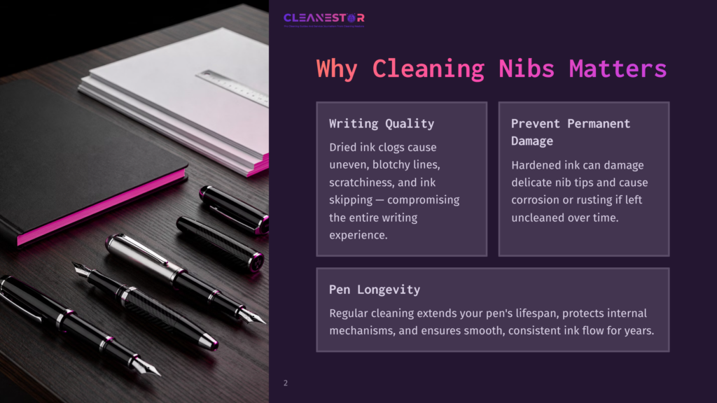 Close-Up Of Three Elegant Fountain Pens With Carbon Fiber Barrels And Silver Accents Resting On A Dark Surface Next To A Notebook. Text Overlay: &Quot;Cleanestor: Why Cleaning Nibs Matters.