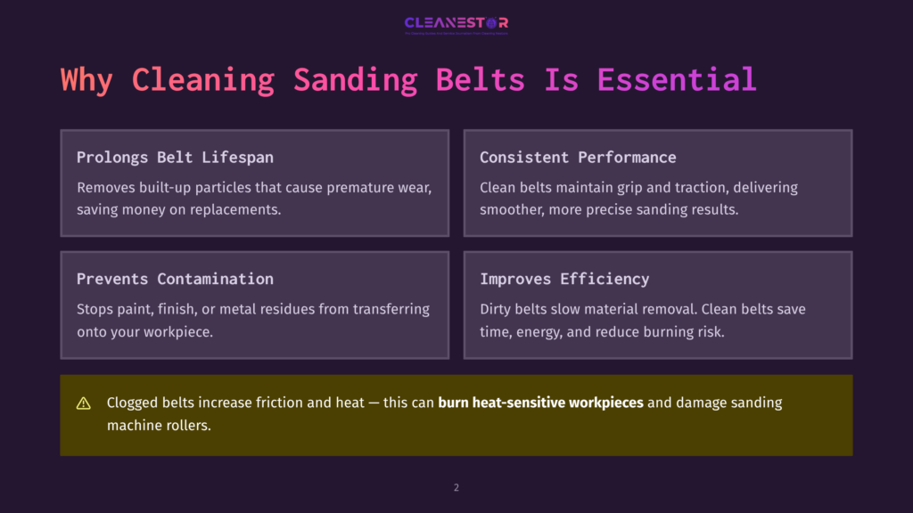 Why Cleaning Sanding Belts Is Essential: A Graphic With Four Boxes Detailing Benefits Like Prolonging Belt Lifespan, Consistent Performance, Preventing Contamination, And Improving Efficiency. A Warning About Clogged Belts Causing Friction And Heat Is At The Bottom.