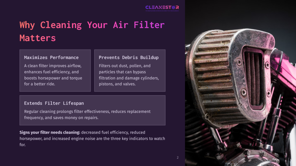 2 Why Cleaning Your Air Filter Matters Close-Up Of A Dirty, Used Motorcycle Air Filter With Visible Dust And Debris, Mounted On A Motorcycle Engine. Text Overlay Reads &Quot;Cleanestor&Quot; And &Quot;Why Cleaning Your Air Filter Matters.
