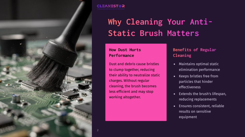 Close-Up Of A Black Anti-Static Brush With Soft Bristles Positioned Over A Green Circuit Board, Highlighting The Importance Of Regular Cleaning For Electronic Equipment.