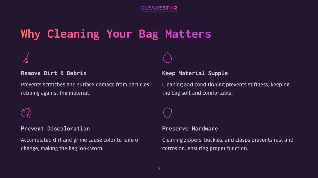 Infographic Detailing Why Cleaning Your Bag Matters: Remove Dirt &Amp; Debris, Prevent Discoloration, Keep Material Supple, Preserve Hardware. Text Overlays Describe The Benefits Of Cleaning Bags.