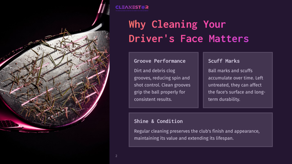 2 Why Cleaning Your Drivers Face Matters Close-Up Of A Dirty Golf Driver Face With Grass And Dirt In The Grooves, Highlighting The Need For Cleaning To Improve Performance And Longevity.