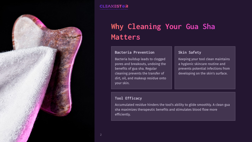 2 Why Cleaning Your Gua Sha Matters Close-Up Of A Pink And Brown Gua Sha Stone Resting On A White Towel, With Text Overlay Discussing Bacteria Prevention And Skin Safety.