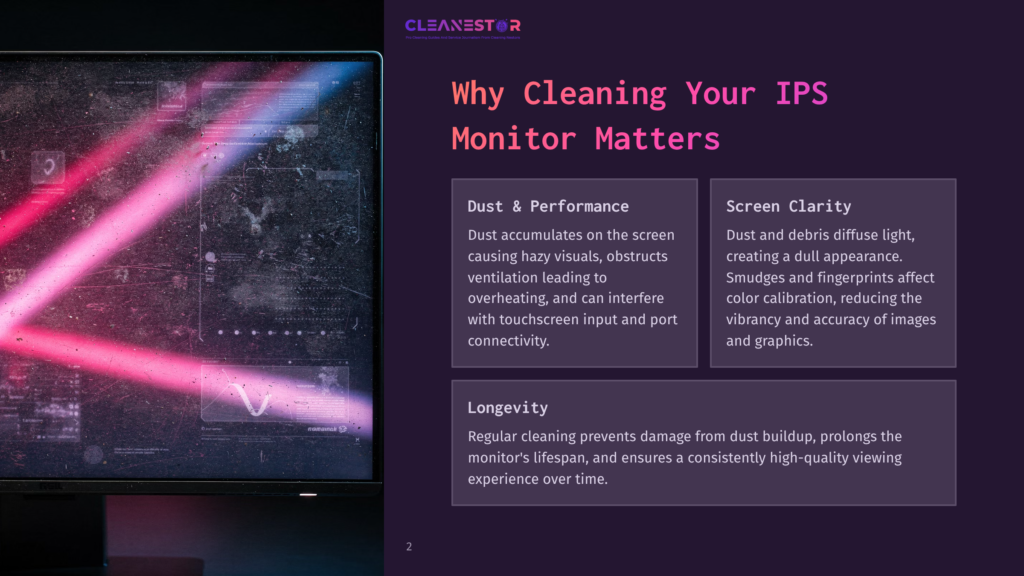 A Monitor Screen Displays A Complex Data Visualization With Pink Light Streaks, Next To A Dark Purple Slide With Text About &Quot;Why Cleaning Your Ips Monitor Matters&Quot; And Benefits Like &Quot;Dust &Amp; Performance,&Quot; &Quot;Screen Clarity,&Quot; And &Quot;Longevity.
