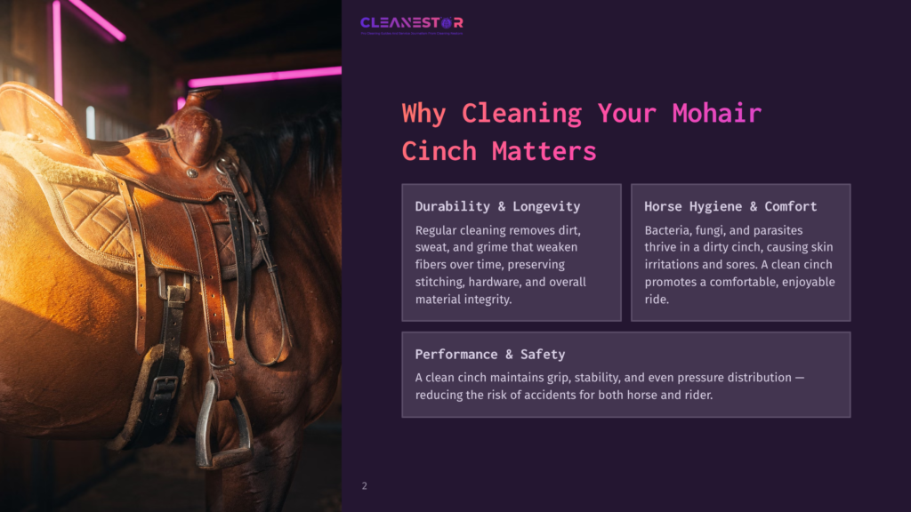 Close-Up Of A Horse'S Mohair Cinch On A Saddle, Showing Detailed Stitching And Texture. Text Overlay Reads &Quot;Cleanestor&Quot; And &Quot;Why Cleaning Your Mohair Cinch Matters&Quot;.