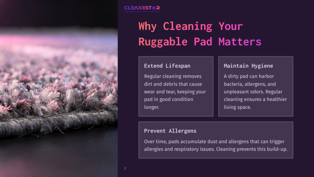 Close-Up Of A Fluffy, Grey Rug With Pink And Purple Highlights, Showing The Texture Of The Fibers. Text Overlay Reads: &Quot;Cleanestor&Quot;, &Quot;Why Cleaning Your Ruggable Pad Matters&Quot;, &Quot;Extend Lifespan&Quot;, &Quot;Maintain Hygiene&Quot;, And &Quot;Prevent Allergens&Quot;.