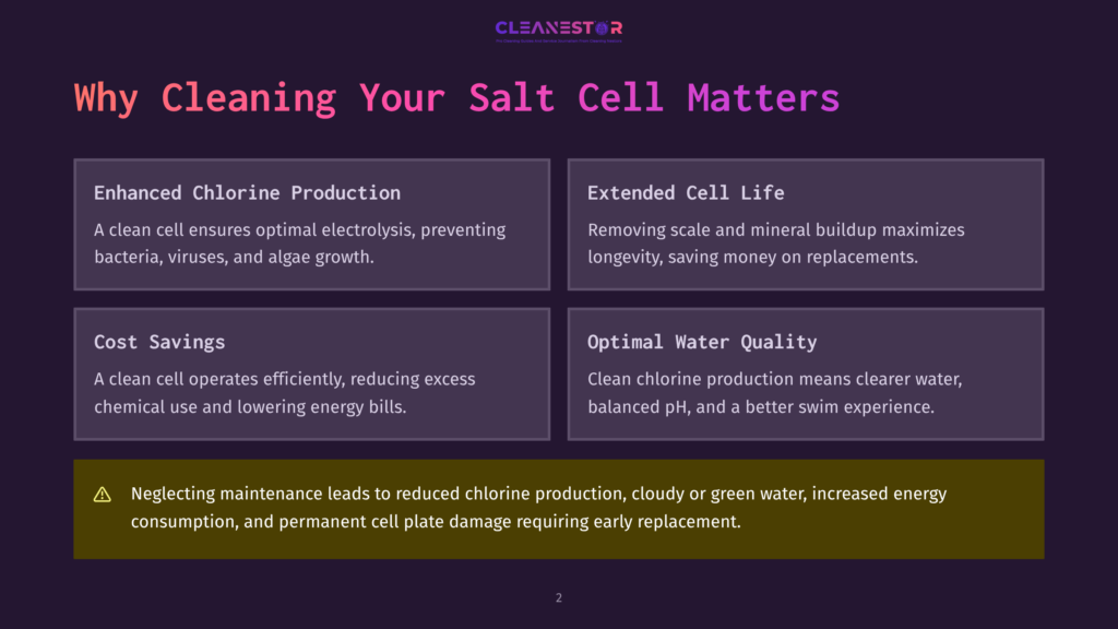 Infographic Titled &Quot;Why Cleaning Your Salt Cell Matters&Quot; With Four Sections: Enhanced Chlorine Production, Extended Cell Life, Cost Savings, And Optimal Water Quality. A Warning Highlights The Risks Of Neglecting Maintenance.