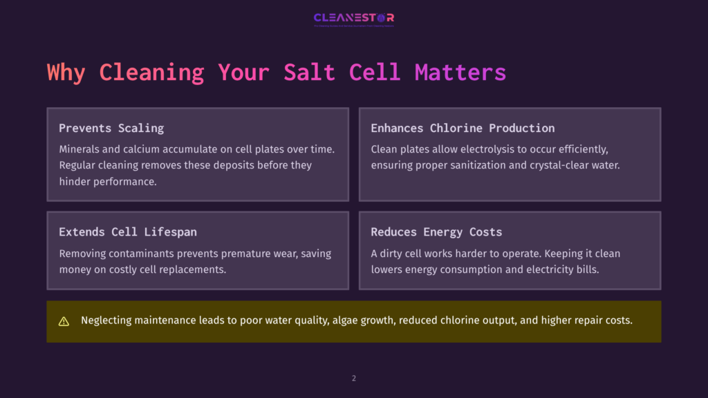 Infographic Detailing Why Cleaning Your Salt Cell Matters, With Sections On Preventing Scaling, Enhancing Chlorine Production, Extending Cell Lifespan, And Reducing Energy Costs. The Text &Quot;Cleanestor&Quot; Is At The Top.