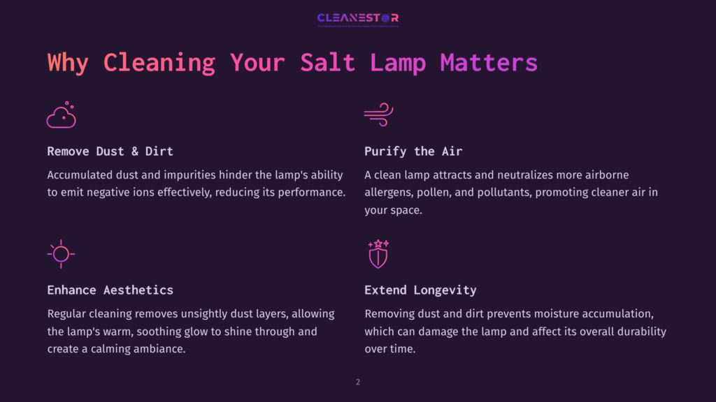 Infographic Detailing Why Cleaning Salt Lamps Matters, Highlighting Benefits Like Removing Dust &Amp; Dirt, Purifying Air, Enhancing Aesthetics, And Extending Longevity. The Text Is Set Against A Dark Purple Background With Stylized Icons.