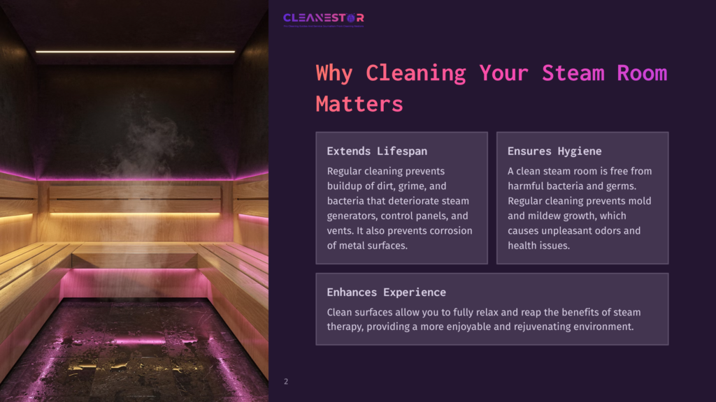 2 Why Cleaning Your Steam Room Matters A Steam Room With Wooden Benches, Illuminated By Pink Lights, Showcases The Importance Of Regular Cleaning For Extending Lifespan, Ensuring Hygiene, And Enhancing Experience.
