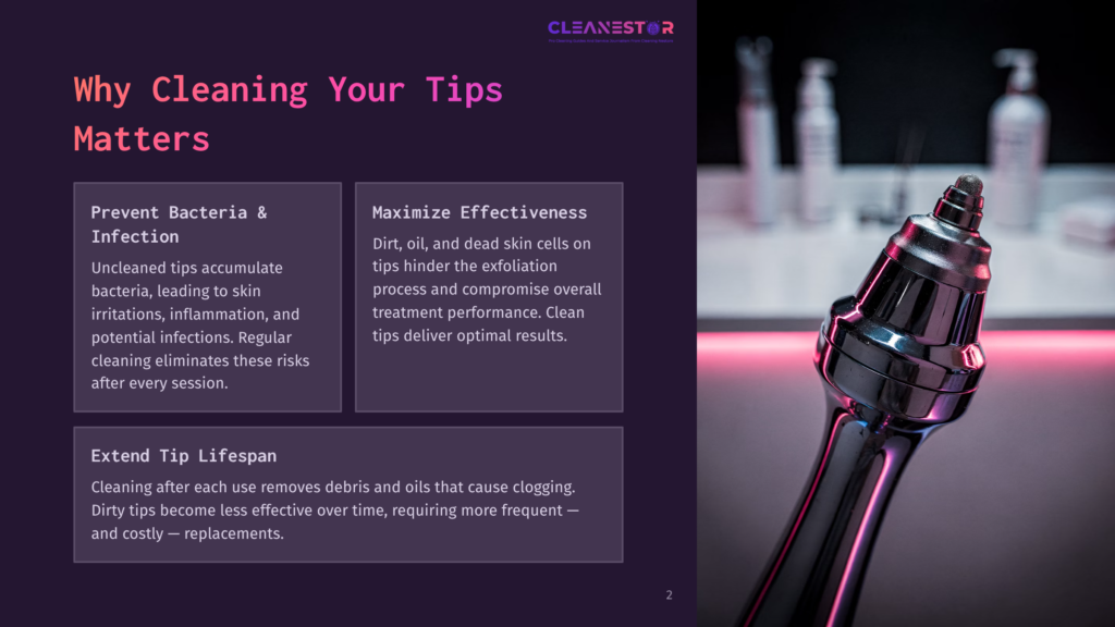 Close-Up Of A Shiny, Chrome-Plated Facial Cleansing Wand With A Textured Grip, Set Against A Blurred Background Of Skincare Products And Pink Lighting.