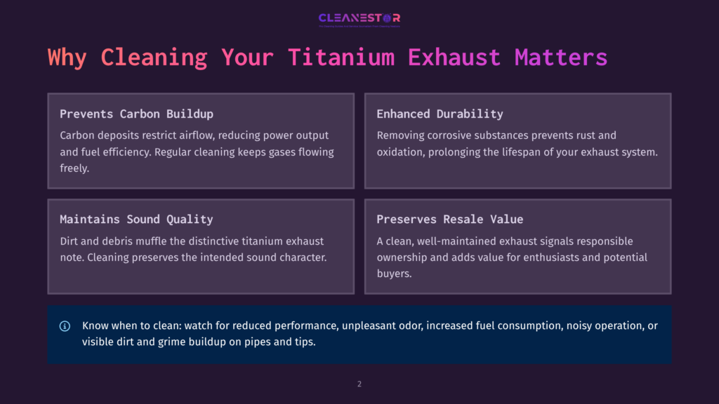 2 Why Cleaning Your Titanium Exhaust Matters Infographic Detailing The Benefits Of Cleaning Titanium Exhaust Systems. Text Highlights: &Quot;Why Cleaning Your Titanium Exhaust Matters,&Quot; &Quot;Prevents Carbon Buildup,&Quot; &Quot;Enhanced Durability,&Quot; &Quot;Maintains Sound Quality,&Quot; And &Quot;Preserves Resale Value.