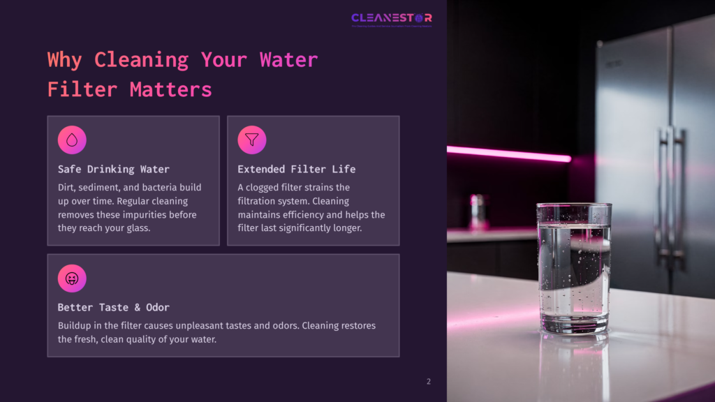2 Why Cleaning Your Water Filter Matters A Glass Of Clear Water Sits On A Kitchen Counter, With A Blurred Background Of Modern Kitchen Cabinets And Pink Neon Lighting. The Text Overlay Reads &Quot;Cleanestor - The Cleaning Solution For Your Home.