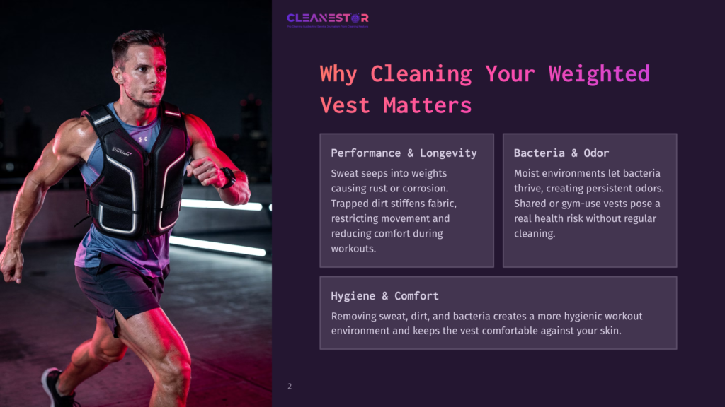 Man Wearing A Weighted Vest Runs Outdoors At Night, With Text Overlays Discussing Weighted Vest Maintenance And Hygiene.