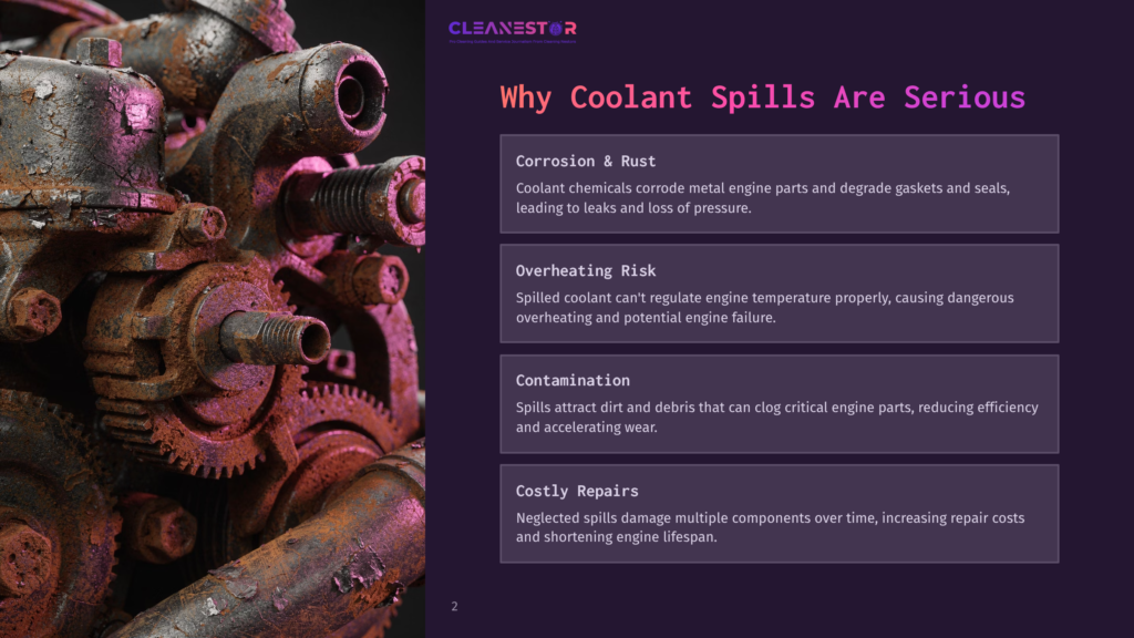 Close-Up Of Rusted Engine Parts, Gears, And Metal Components, With A Dark, Textured Background And Text Overlay Reading &Quot;Why Coolant Spills Are Serious&Quot; And Detailing Risks Like Corrosion, Overheating, And Costly Repairs.