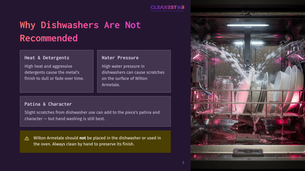 Interior Of A Dishwasher With Water Spraying Over Dirty Dishes, Including Plates And Glasses. The Text Overlay Warns That Dishwashers Are Not Recommended For Armetale Pieces Due To Potential Scratching And Fading.