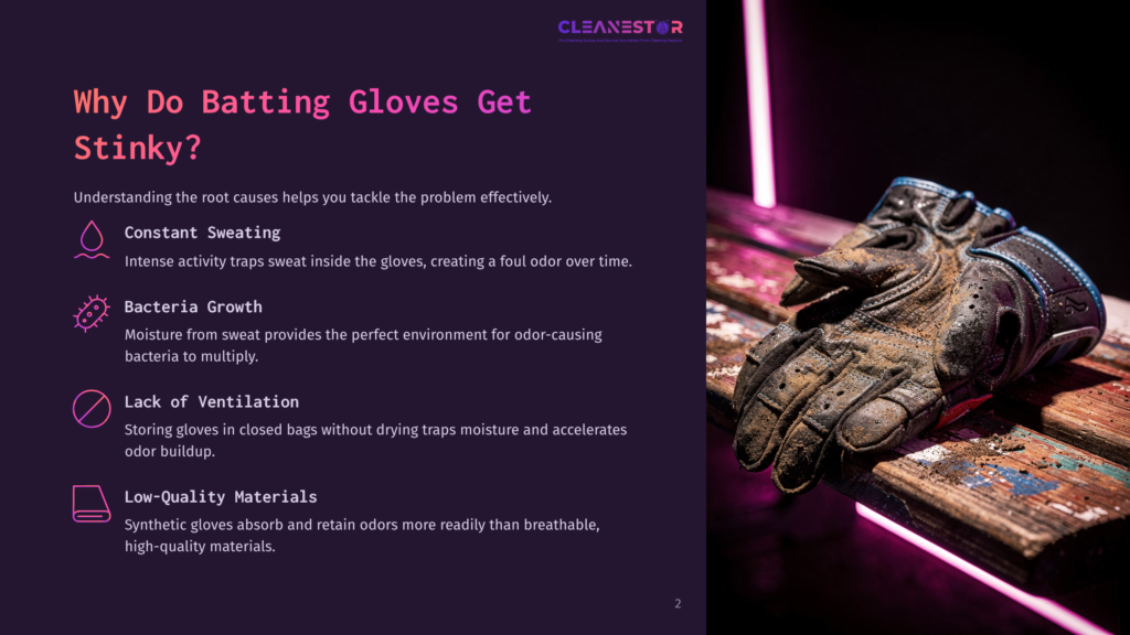 Close-Up Of Dirty, Worn Batting Gloves Resting On A Weathered Wooden Bench, Illuminated By A Pink Neon Light. The Image Highlights The Grime And Wear On The Gloves, Suggesting The Topic Of Why Batting Gloves Get Stinky.