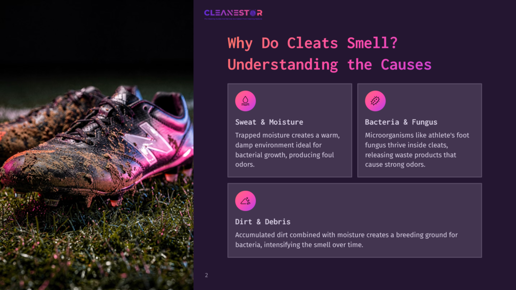 2 Why Do Cleats Smell Understanding The Causes Dirty Sports Cleats With Mud And Grass On A Green Field, Illustrating The Causes Of Shoe Odor. Text Overlays Explain The Role Of Sweat, Moisture, Bacteria, And Dirt In Producing Smells.