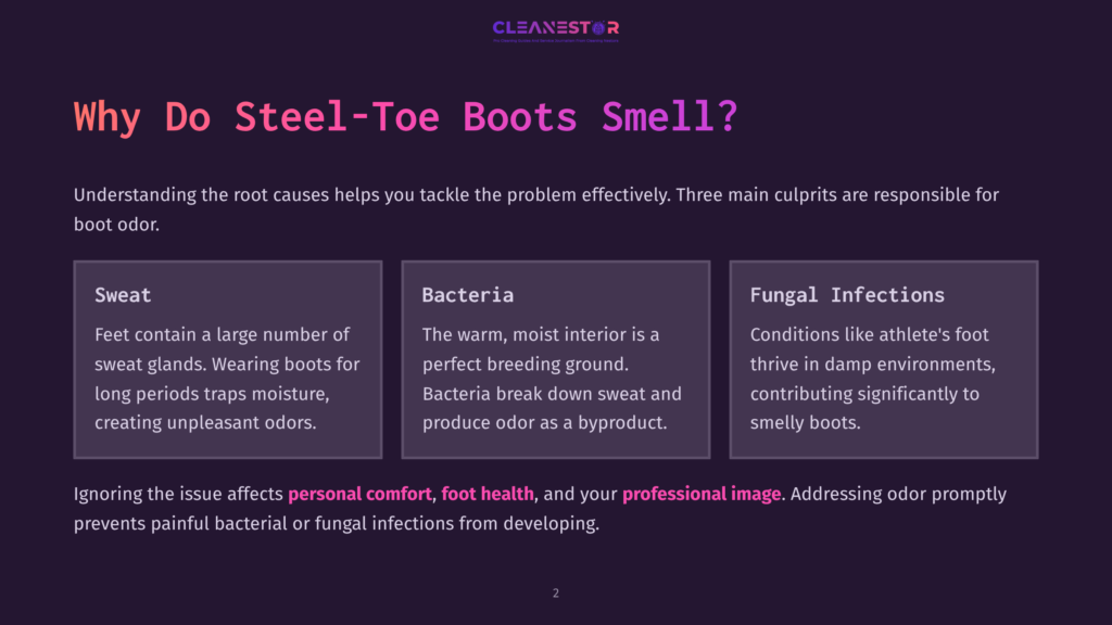 Infographic Detailing Why Steel-Toe Boots Smell: Sweat, Bacteria, And Fungal Infections Are The Main Culprits. Text Explains How Moisture And Bacteria Create Odor And Contribute To Foot Health Issues.