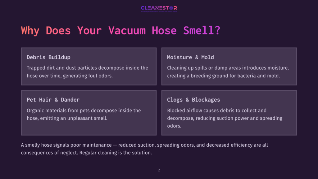 2 Why Does Your Vacuum Hose Smell Infographic Titled &Quot;Why Does Your Vacuum Hose Smell?&Quot; Detailing Causes Like Debris Buildup, Moisture &Amp; Mold, Pet Hair &Amp; Dander, And Clogs &Amp; Blockages.
