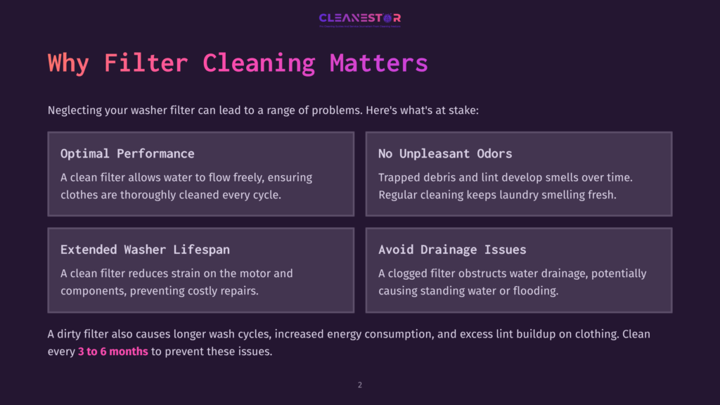 Infographic From Cleanestor Titled &Quot;Why Filter Cleaning Matters,&Quot; Detailing Benefits Like Optimal Performance, No Unpleasant Odors, Extended Washer Lifespan, And Avoiding Drainage Issues.