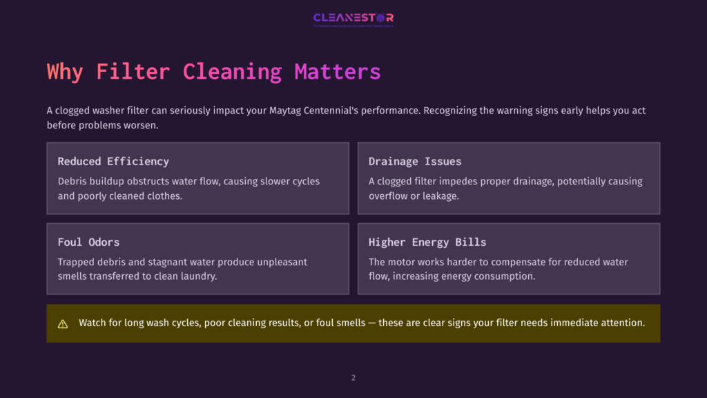 Diagram Titled &Quot;Why Filter Cleaning Matters&Quot; From Cleanestor, Detailing Issues From Clogged Washer Filters: Reduced Efficiency, Drainage Issues, Foul Odors, And Higher Energy Bills, With A Warning About Long Wash Cycles.