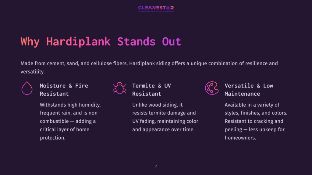 2 Why Hardiplank Stands Out Hardie Plank Siding Benefits: Moisture &Amp; Fire Resistant, Termite &Amp; Uv Resistant, And Versatile &Amp; Low Maintenance. Text Highlights Resilience And Durability.