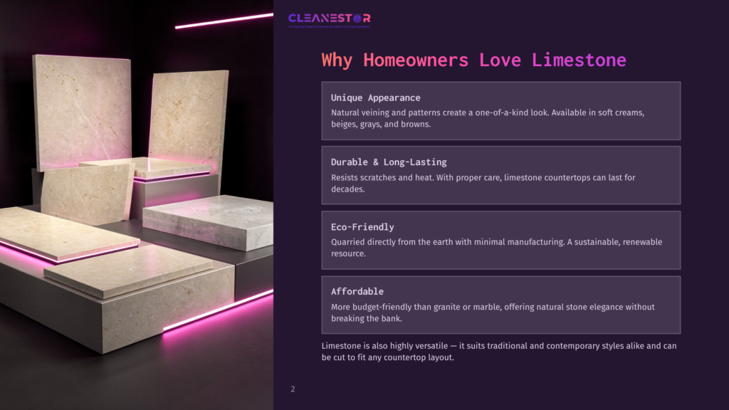 Cleanestor Logo Above A Modern Showroom Display Of Polished Limestone Countertop Samples In Soft Beige, Grey, And Brown Tones, Illuminated By Vibrant Pink Neon Lighting.