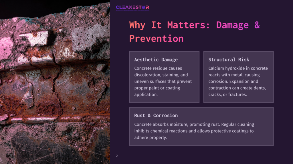 Close-Up Of Rusted Rebar Embedded In Damaged Concrete, With Pink And Purple Lighting Highlighting The Corrosion And Decay. Text Overlay Reads &Quot;Why It Matters: Damage &Amp; Prevention.