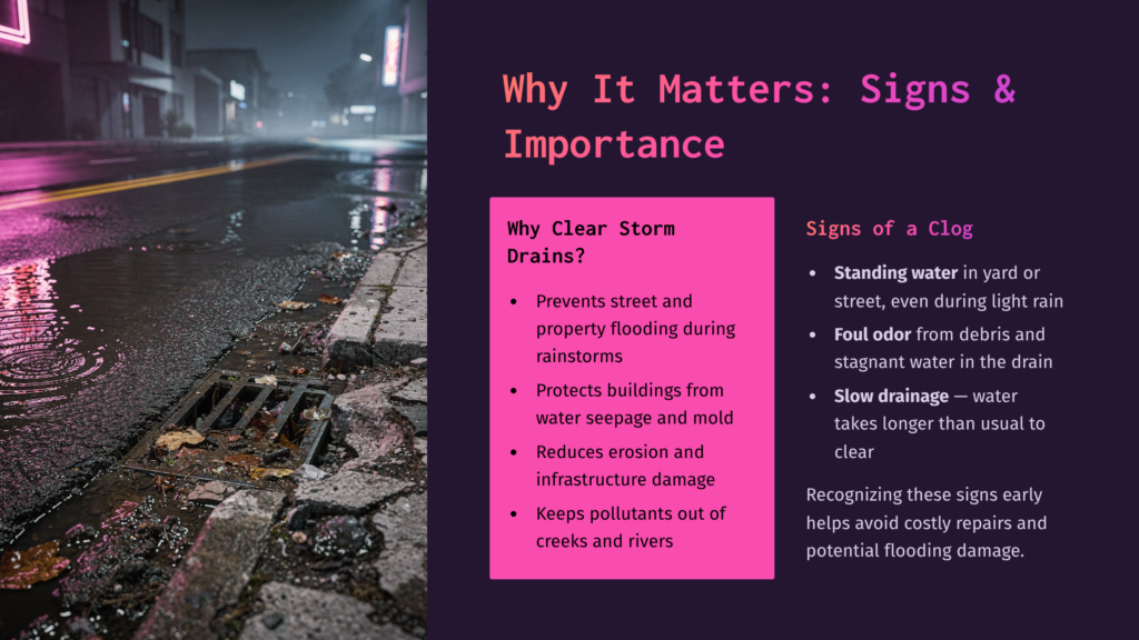 A Wet City Street At Night With Pink Neon Lights Reflecting On The Pavement And In A Storm Drain Clogged With Leaves And Debris.