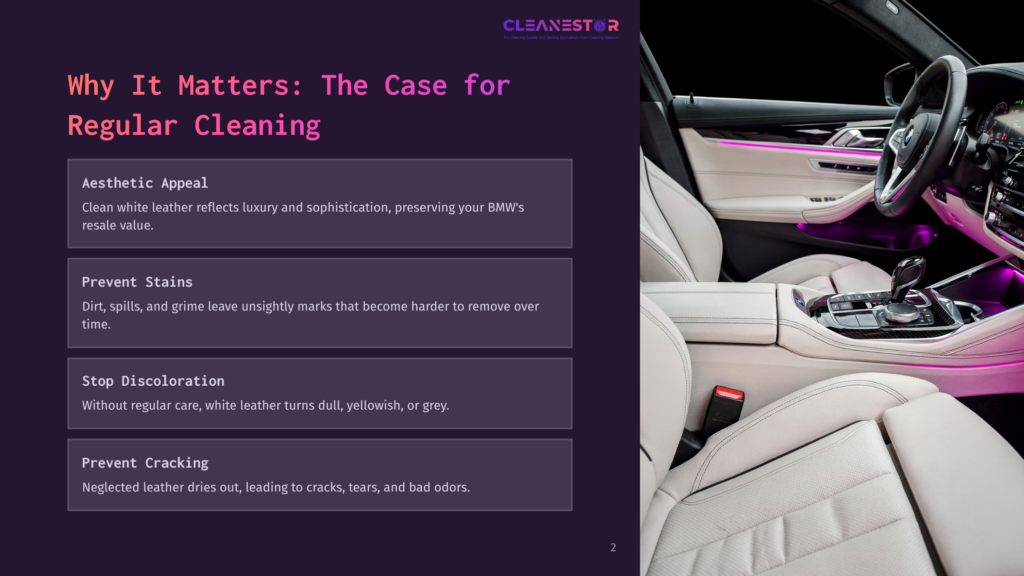 Luxury White Leather Car Interior With Ambient Pink Lighting, Showcasing The Cleanestor Logo And Text About Why Regular Cleaning Matters For Maintaining Car Value.