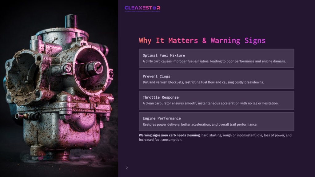 A Heavily Soiled And Dirty Motorcycle Carburetor, Covered In Mud And Grime, Sits In Front Of A Dark Background. Text On The Right Lists &Quot;Why It Matters &Amp; Warning Signs&Quot; For Carburetor Cleaning, Including &Quot;Optimal Fuel Mixture,&Quot; &Quot;Prevent Clogs,&Quot; &Quot;Throttle Response,&Quot; And &Quot;Engine Performance.