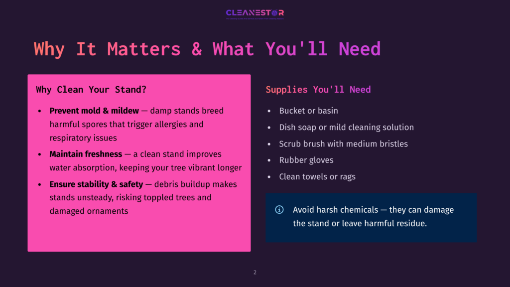 2 Why It Matters And What Youll Need 1 Cleanestor Presentation Slide Titled &Quot;Why It Matters &Amp; What You'Ll Need.&Quot; Left Side Lists Reasons To Clean Your Stand: Prevent Mold &Amp; Mildew, Maintain Freshness, Ensure Stability &Amp; Safety. Right Side Lists Supplies: Bucket, Dish Soap, Scrub Brush, Rubber Gloves, Clean Towels. Text Warns To Avoid Harsh Chemicals.