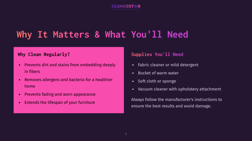 Cleanestor Logo At The Top, With &Quot;Why It Matters &Amp; What You'Ll Need&Quot; In Large Text. Left Side Lists Reasons To Clean Regularly, Right Side Lists Cleaning Supplies Needed.