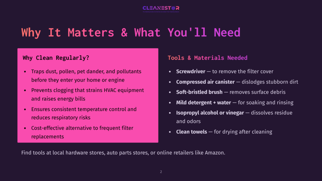 Dark Purple Slide With &Quot;Why It Matters &Amp; What You'Ll Need&Quot; In Large White Text. Left Side Lists Benefits Of Regular Cleaning In Pink Box. Right Side Lists Tools And Materials For Cleaning In White Text.