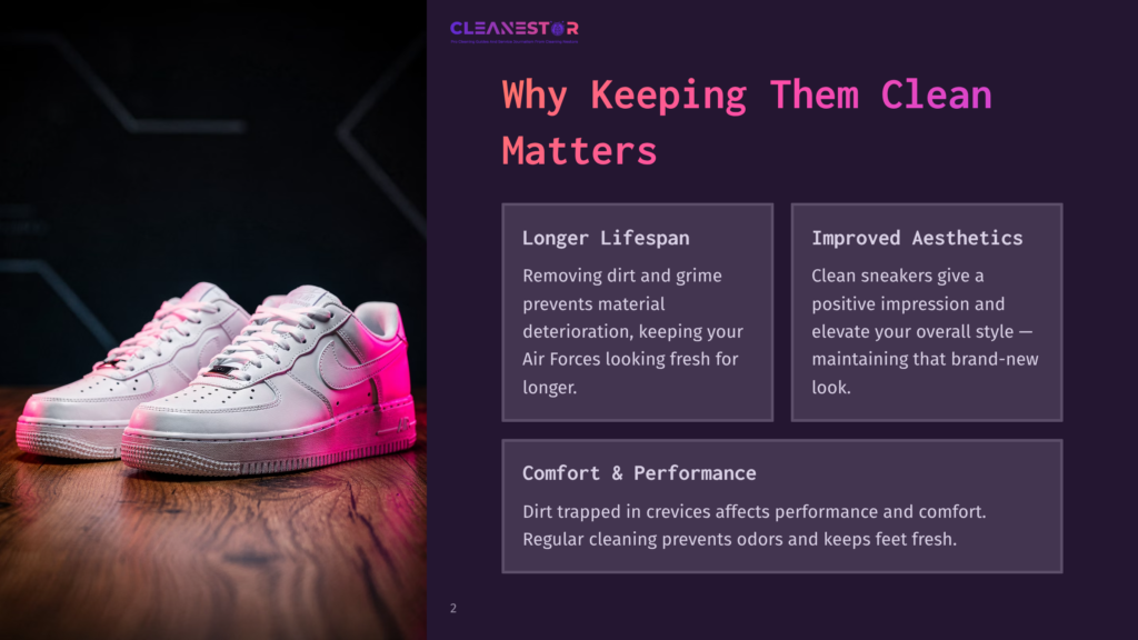 2 Why Keeping Them Clean Matters Pair Of Pristine White Nike Air Force 1 Sneakers Resting On A Rustic Wooden Surface, Illuminated By Pink And Purple Studio Lighting. The Text &Quot;Cleanestor&Quot; And &Quot;Why Keeping Them Clean Matters&Quot; Is Visible.