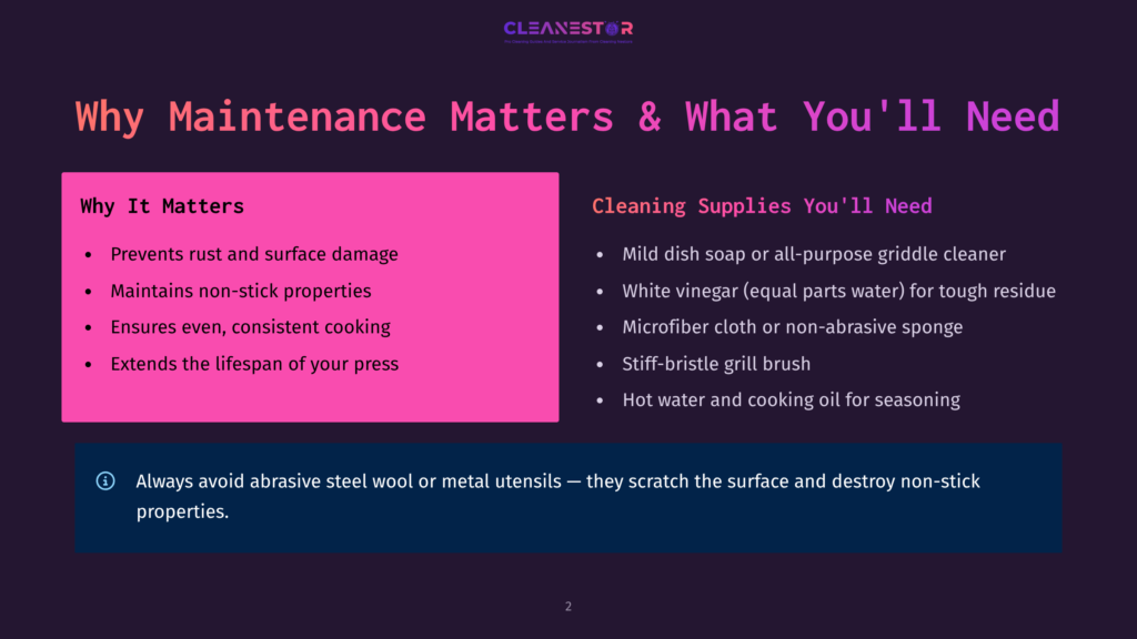 2 Why Maintenance Matters And What Youll Need Slide Titled &Quot;Why Maintenance Matters &Amp; What You'Ll Need&Quot; From Cleanestor, Detailing Benefits Like Preventing Rust And Maintaining Non-Stick Properties, And Listing Cleaning Supplies Such As Mild Dish Soap And Microfiber Cloths.