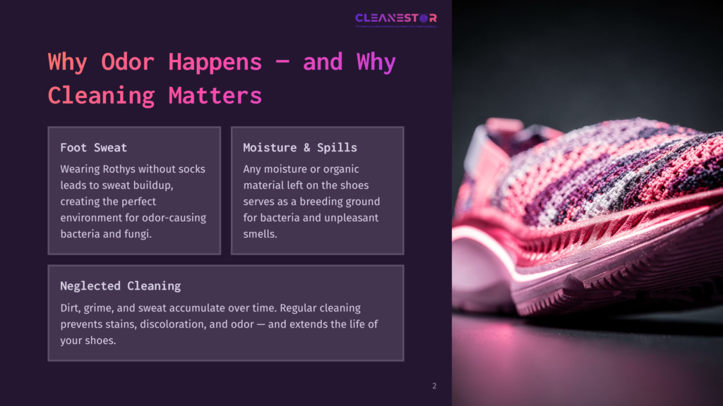 Close-Up Of A Pink And Purple Knit Sneaker, With The Text &Quot;Cleanestor&Quot; And &Quot;Why Odor Happens - And Why Cleaning Matters&Quot; Visible On A Dark Background.