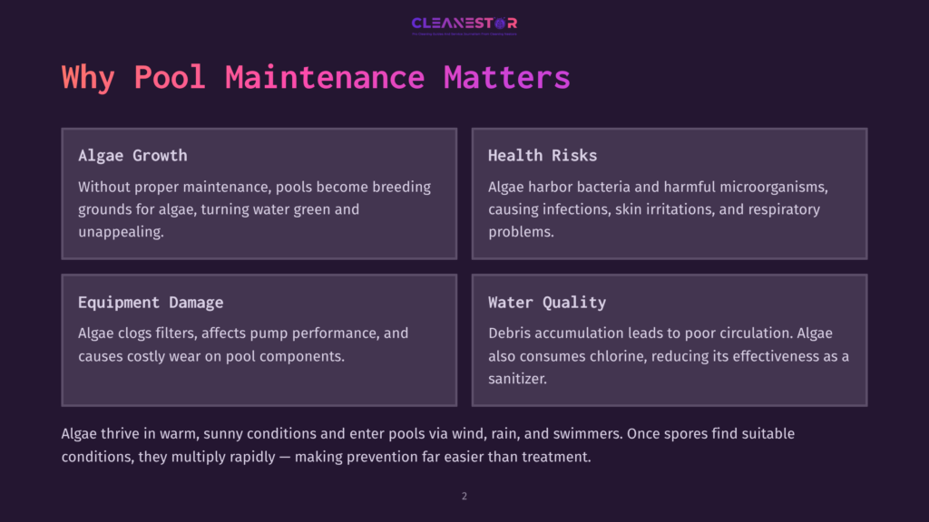 Infographic Detailing Pool Maintenance Issues: Algae Growth, Health Risks, Equipment Damage, And Water Quality. Text Highlights Problems Like Green Water, Infections, Pump Performance, And Chlorine Effectiveness.