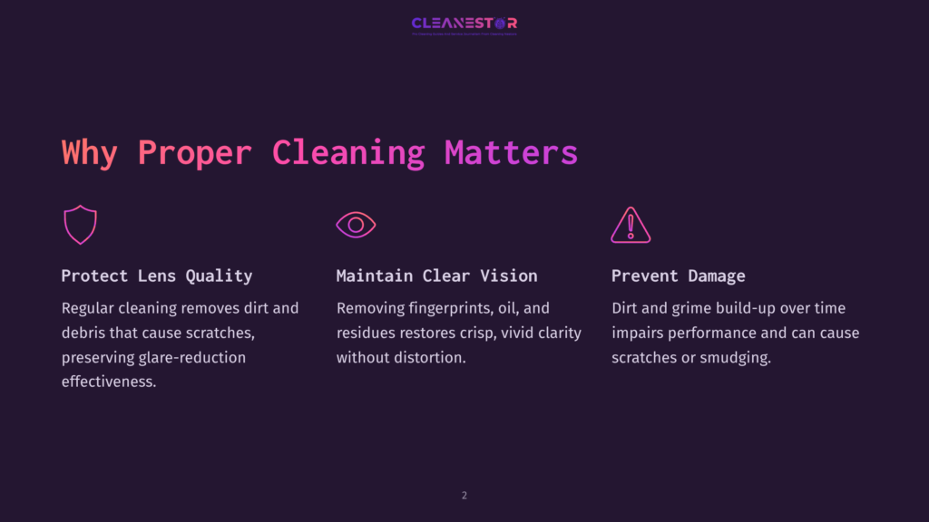 Infographic Illustrating Why Proper Cleaning Matters For Lenses: &Quot;Protect Lens Quality,&Quot; &Quot;Maintain Clear Vision,&Quot; And &Quot;Prevent Damage&Quot; With Descriptive Text And Icons.