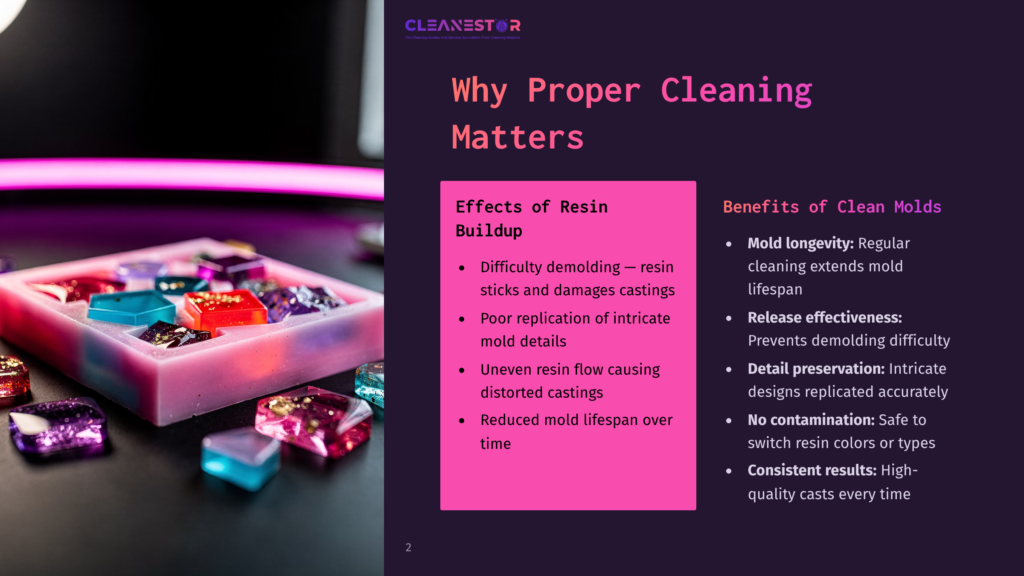 Pink And Purple Neon Lights Illuminate A Resin Mold Filled With Colorful, Glittery Castings. Text Overlay Reads &Quot;Cleanestor: Why Proper Cleaning Matters&Quot; And &Quot;Effects Of Resin Buildup&Quot; With Bullet Points.