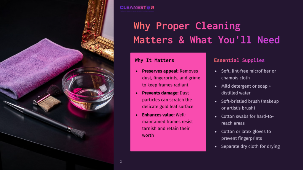 Cleanestor Logo. A Purple Microfiber Cloth, A Glass Bowl Of Water, And Cleaning Brushes Rest Next To A Gold Ornate Picture Frame, Suggesting Proper Cleaning Supplies For Frames.