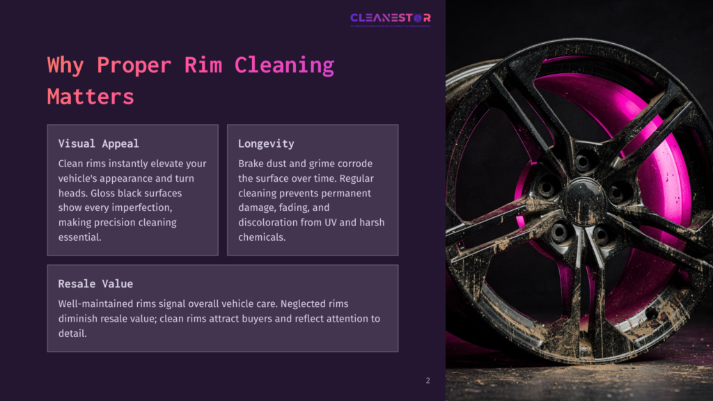 Close-Up Of A Dirty, Black Car Rim With Pink Led Lighting Reflecting Off It, Showcasing The Need For Proper Rim Cleaning.